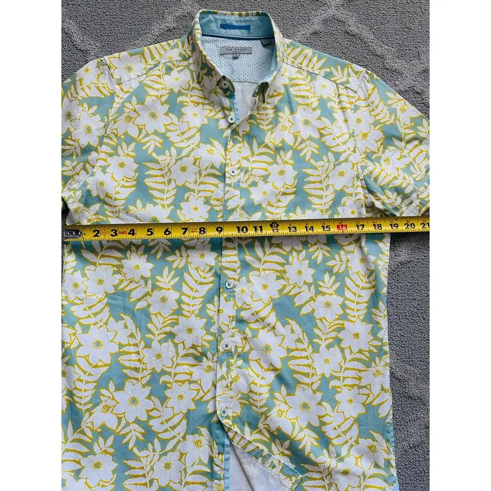 Ted Baker Floral Tropical Button Up Shirt Mint Blue White Yellow Size 3 M